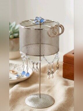 Vintage Style Mesh  Earring Holder Tower 9" Vanity Organizer Blue Flower